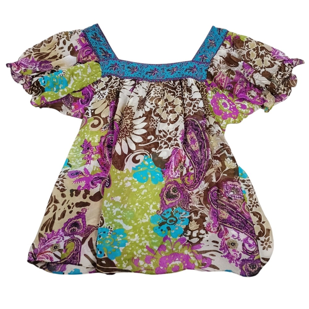 Ice Top Women's Medium Colorful Paisley Floral Print Short‎ Sleeve Blouse Tunic